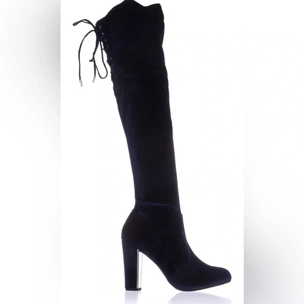 JustFab Thigh High Black Leona Lace Up Zipper Velvet Heeled Boots 5.5 US / 36 EU